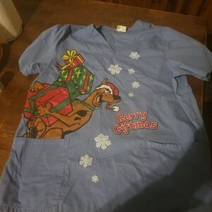 Scooby-Doo Holiday Scrub Top - Light Blue with Festive Print